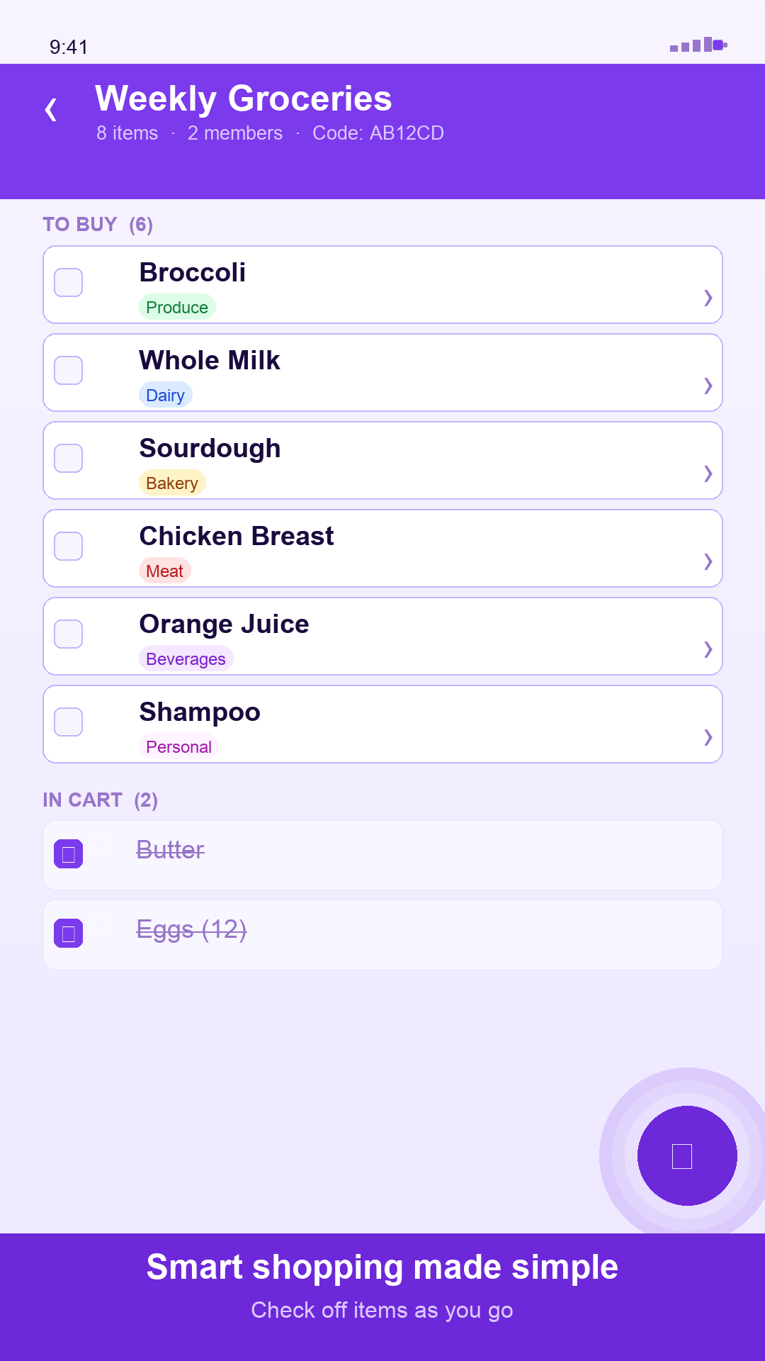 MagicGrocer list view with items organized by category